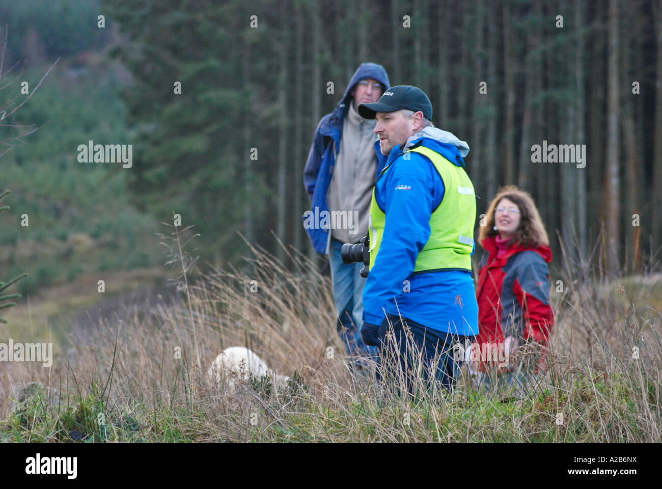 Spectators A small group of spectators at a motor sport event One spectator is wearing a high visibility safety bib Stock Photo