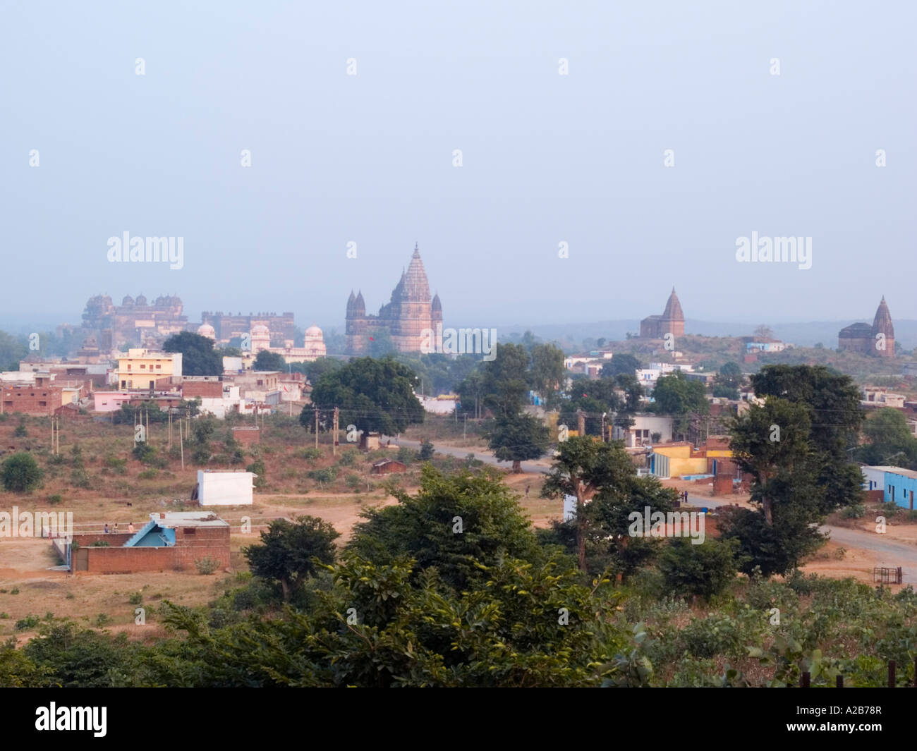 16th century town with 17th century Jahangir Mahal Palace temples and Chhatris domes and spires Orchha Madhya Pradesh India Stock Photo