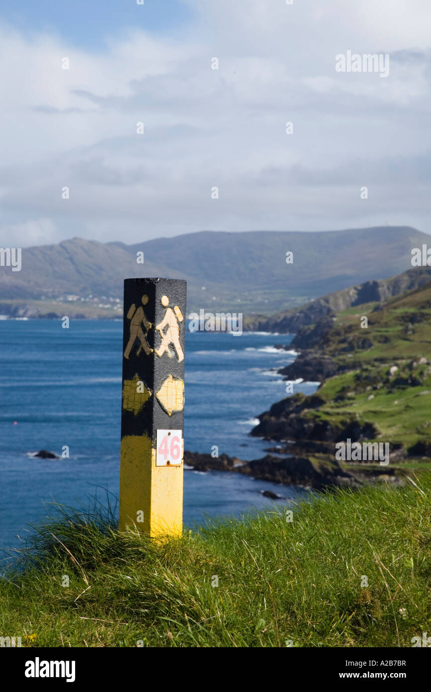 Beara Way long distance walk sign on Ring of Beara route with view along Garnish Bay. Garnish Point County Cork Southern Ireland Stock Photo