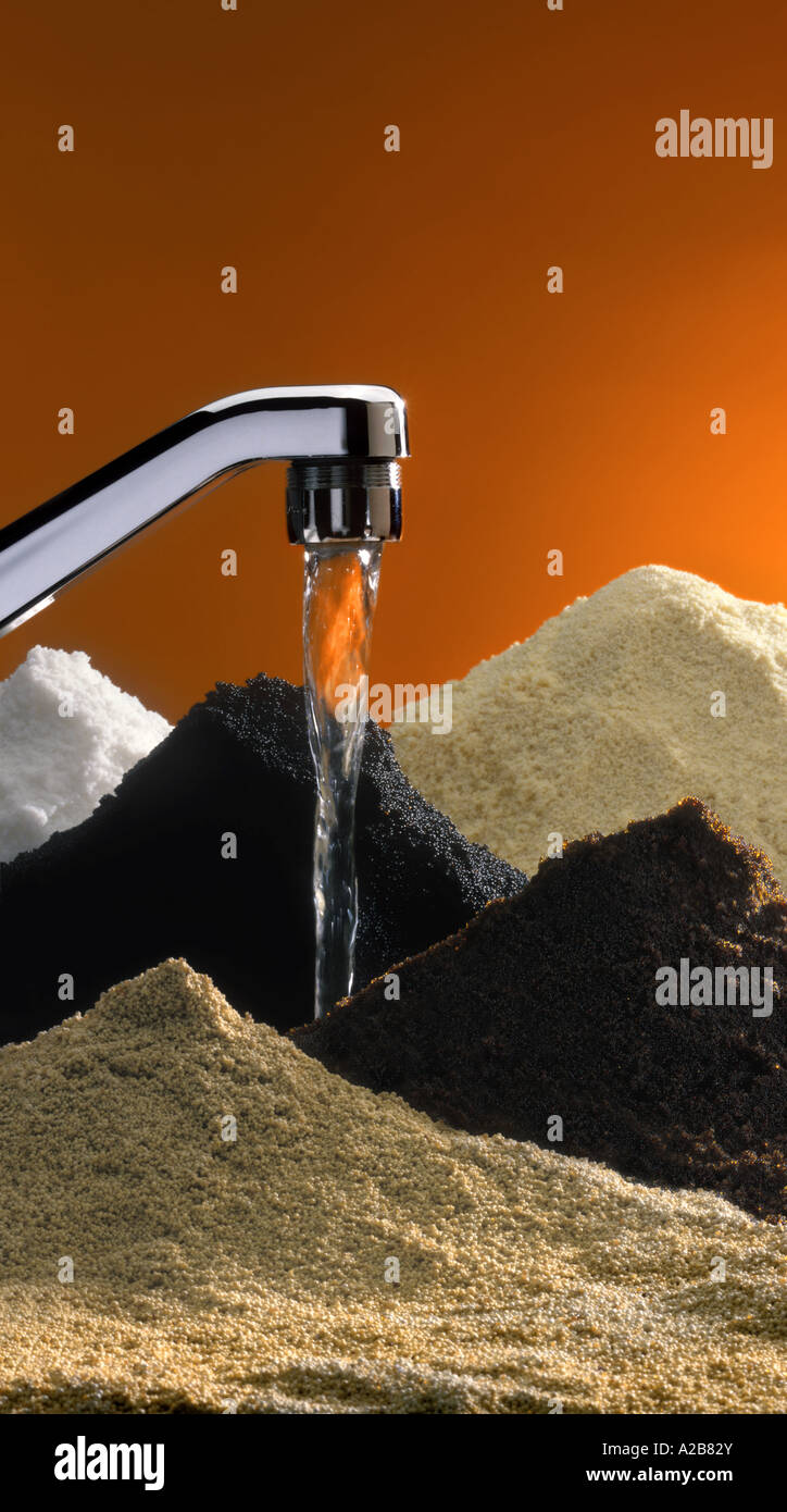 Piles Of Chemicals Used In The Water Purification Process With Water