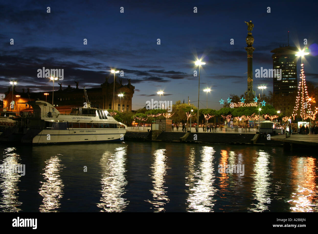 The harbor by night, Barcelona, Spain Stock Photo