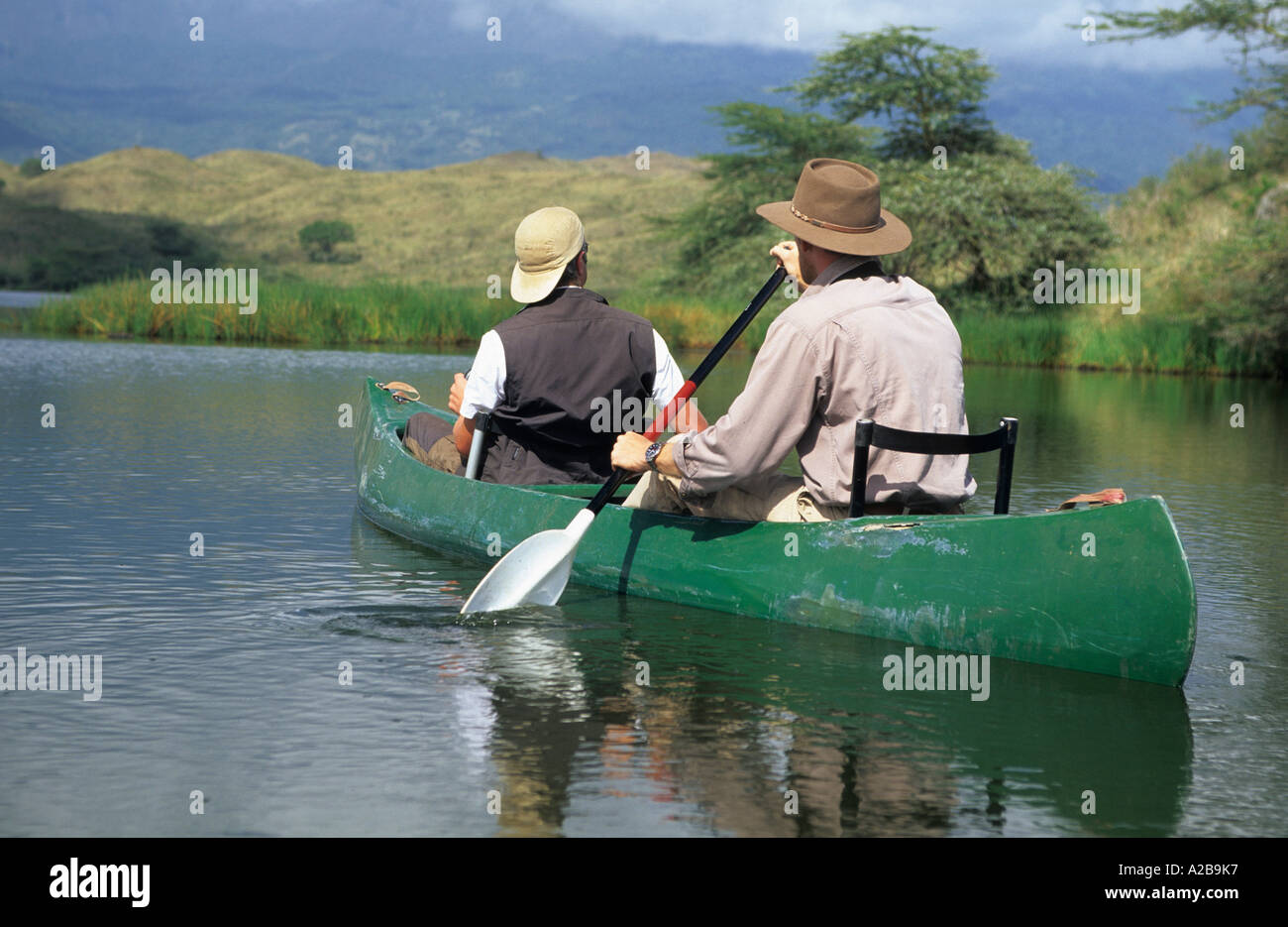 Canoe on a Momella Lake, Mount Meru, Arusha National Park, Tanzania Stock Photo