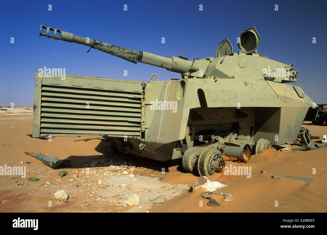 Destroyed tank in the libyan desert Stock Photo