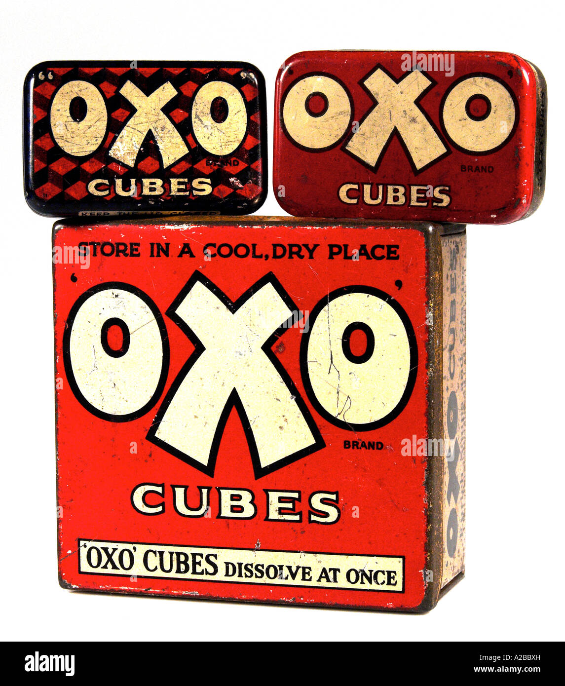 GERMANY - MARCH 24, 2019: Vintage OXO cubes tin isolated on white  background. OXO is a brand of food products, including stock cubes, herbs  and spices, dried gravy, and yeast extract. Stock