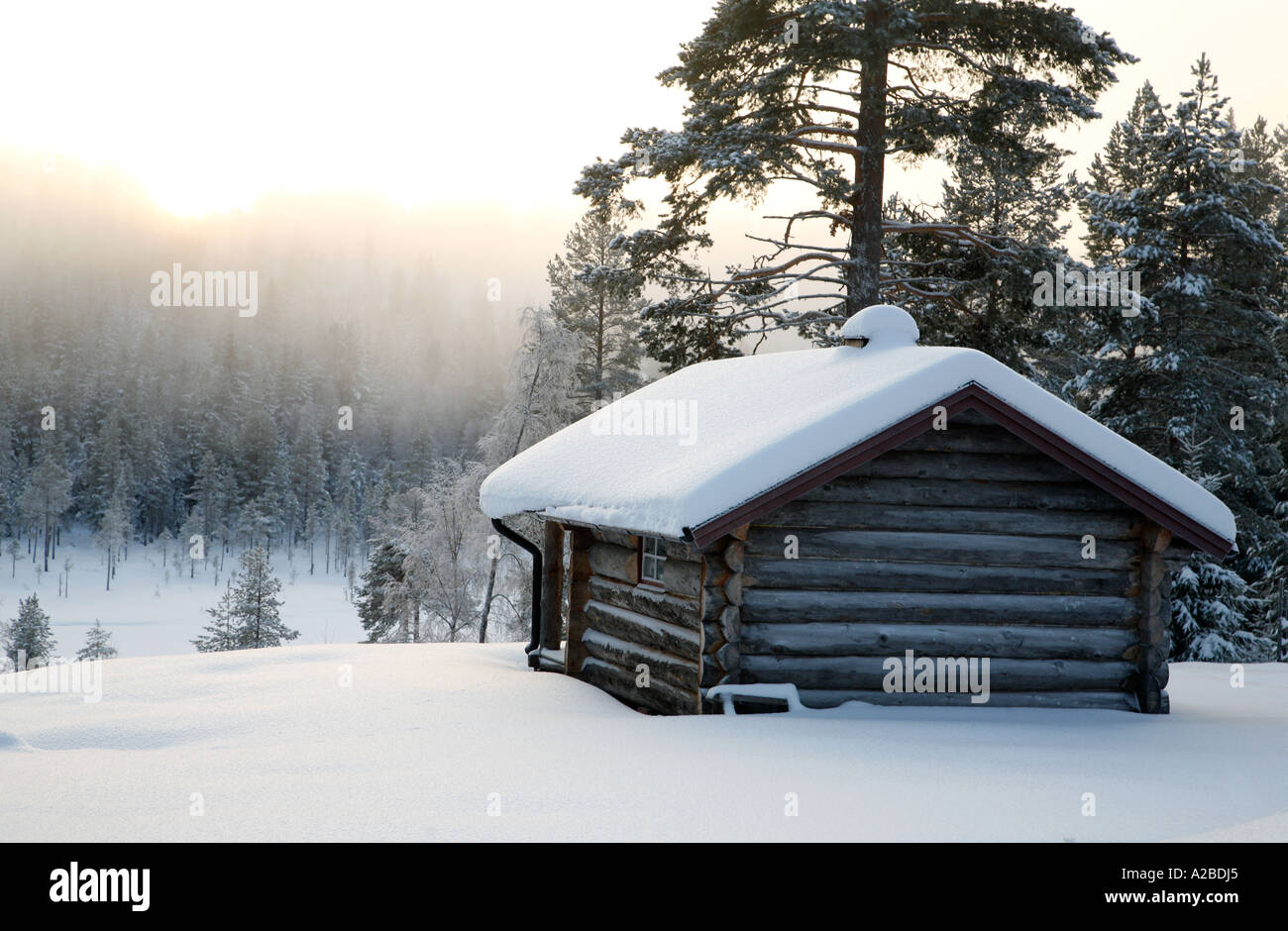Sweden Dalecarlia Log Cabin In Winter Forest And Fence Atmospheric