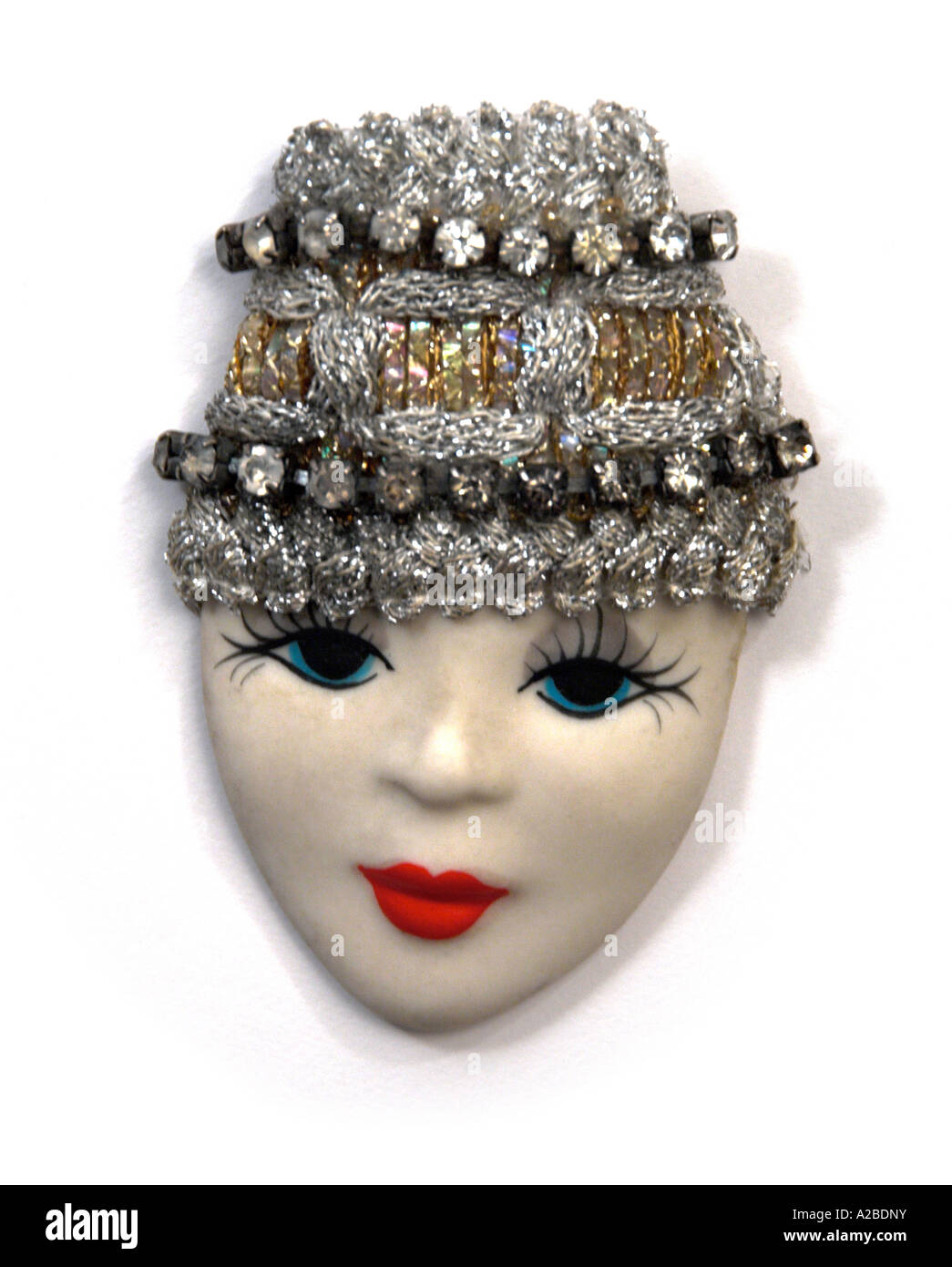 1950s Vintage Paste Rhinestone Metal and Plastic Face Brooch Stock Photo