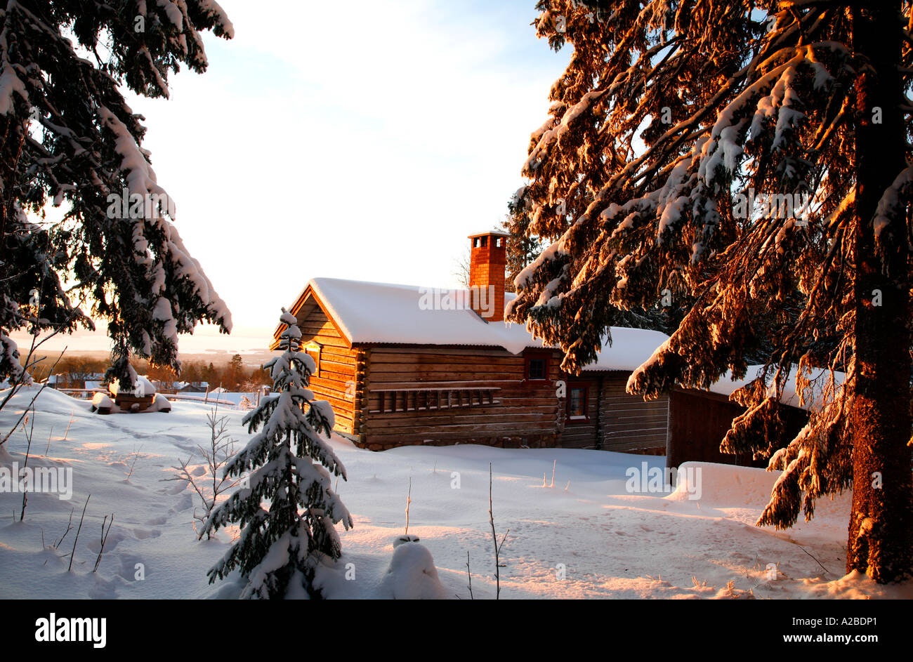 Sweden Dalecarlia Log Cabin In Winter Forest Atmospheric Mood