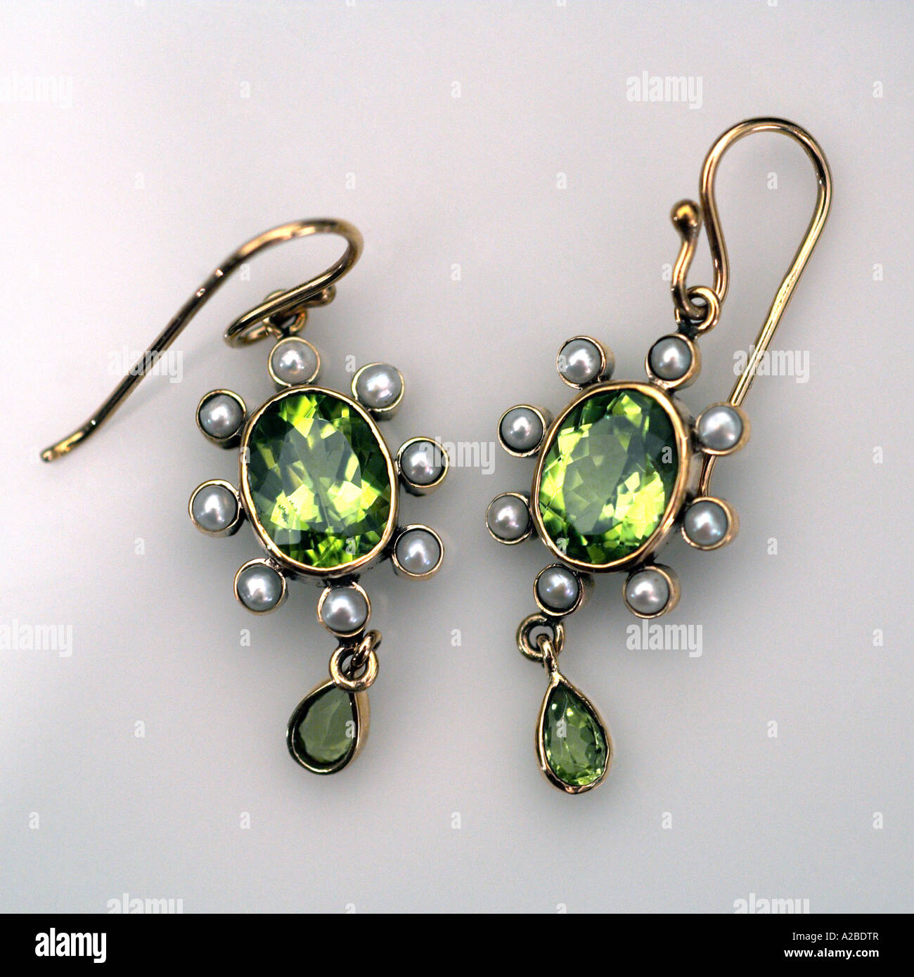 Vintage Peridot and Cultured Pearls Gold Earrings Stock Photo