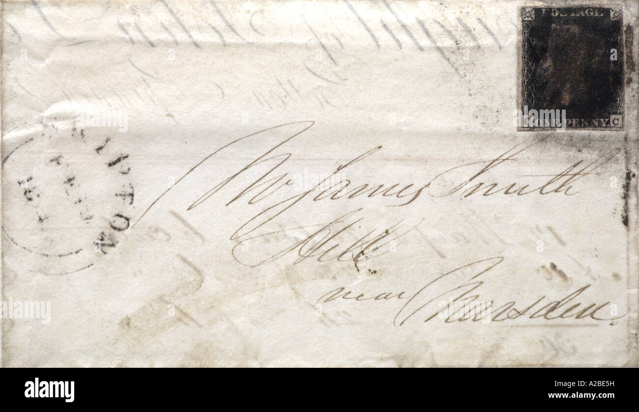 Penny Black with Black Cancellation 1841 Stock Photo