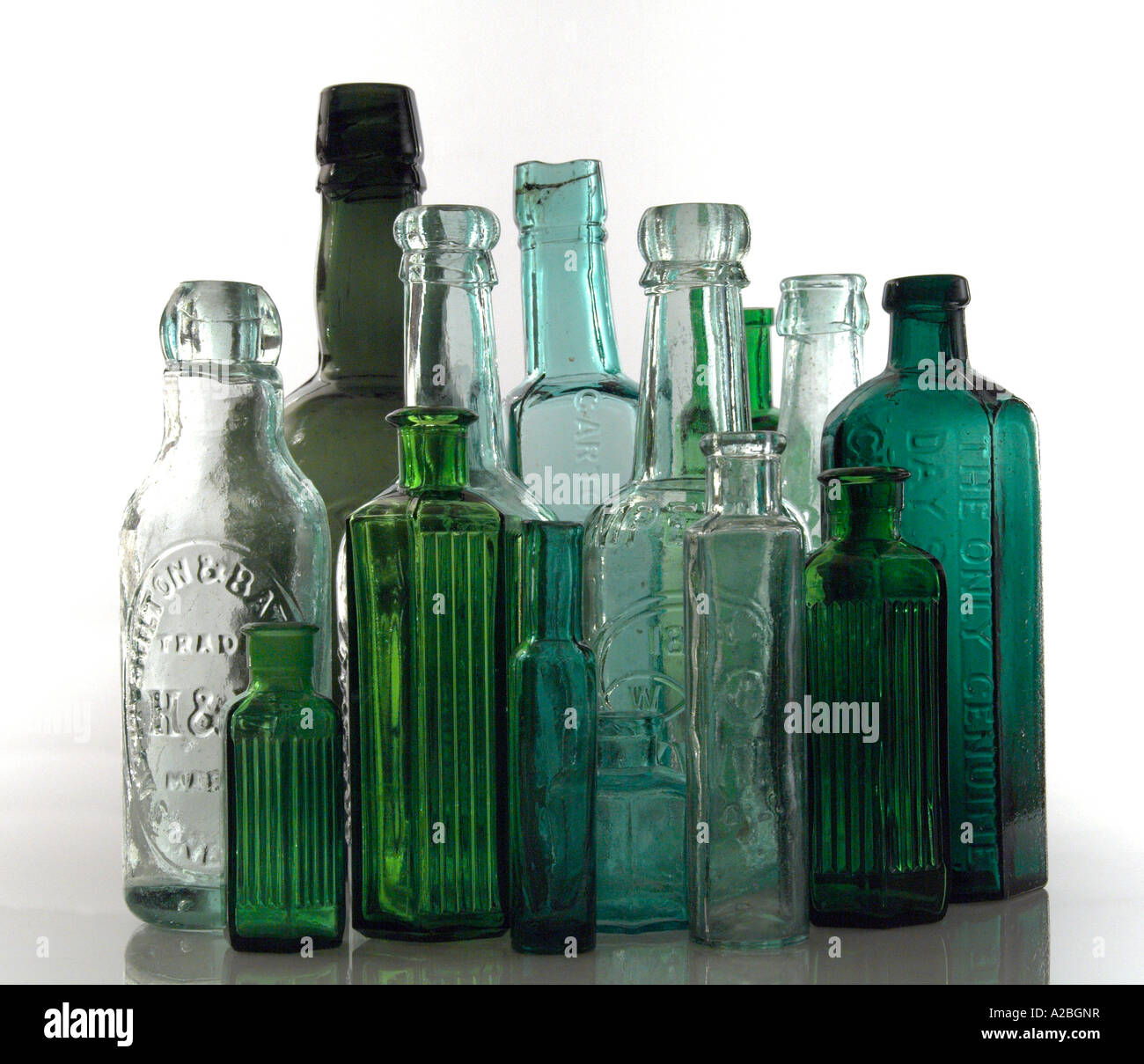 Collection of Old Green Glass Victorian Bottles Stock Photo