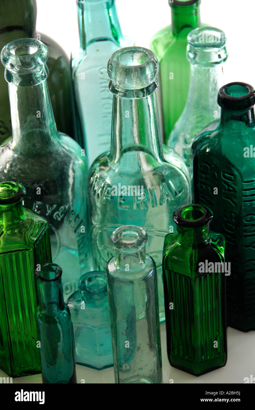 Vintage Green Victorian Glass Bottles Stock Photo