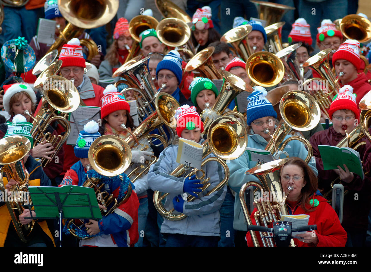 Bass and tenor tuba players gather on the The Rink at Rockefeller