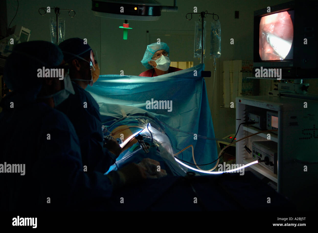 Surgeons and support staff view laparoscopic surgery in an operating