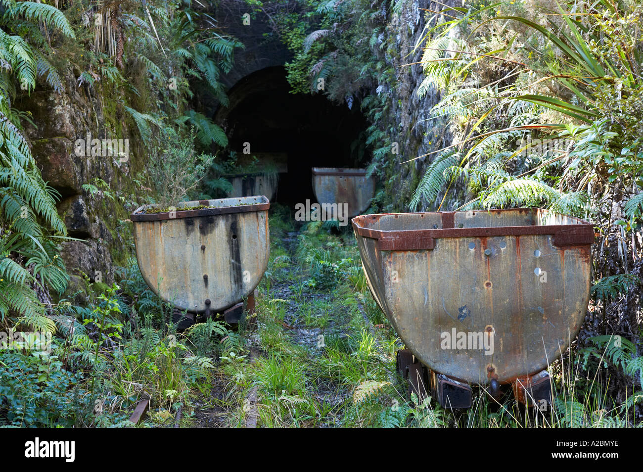 Coal Trolleys at Abandoned Coal Mine Millerton Incline near Granity West Coast South Island New Zealand Stock Photo