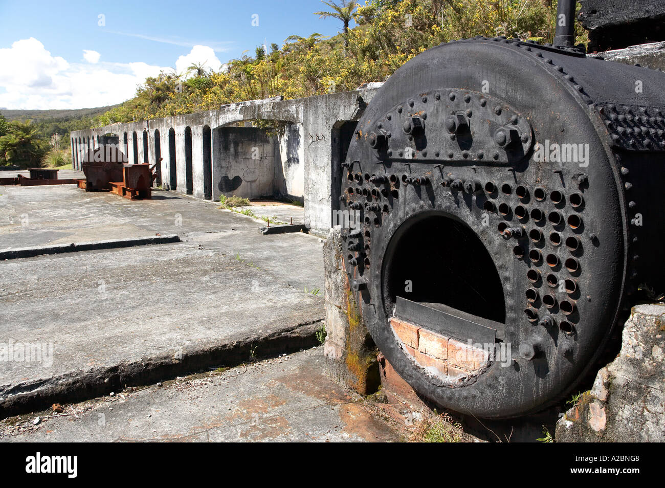 Old Boiler and Shower Block at Abandoned Coal Mine Millerton near Granity South Island New Zealand Stock Photo