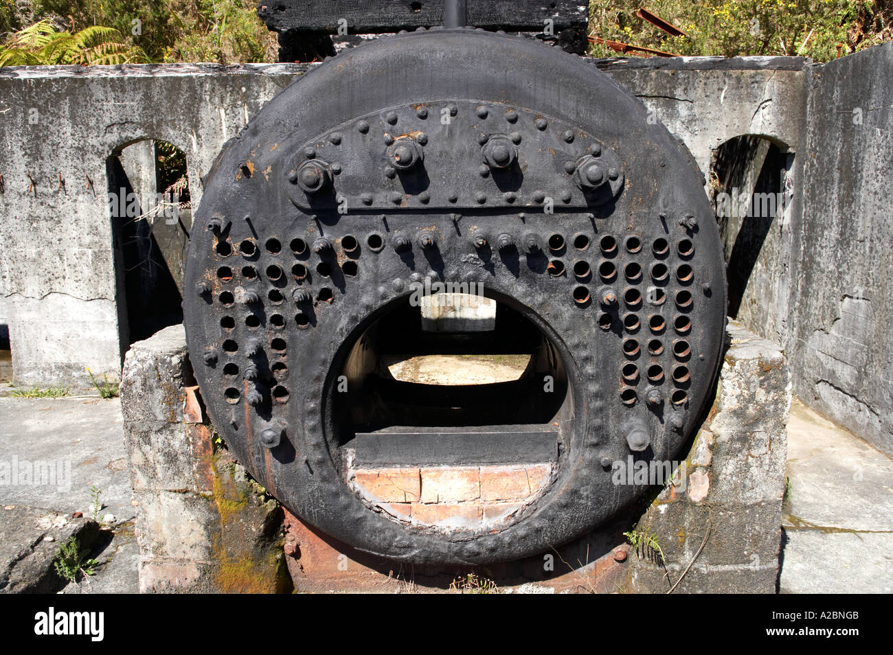 Old Boiler and Shower Block at Abandoned Coal Mine Millerton near Granity South Island New Zealand Stock Photo