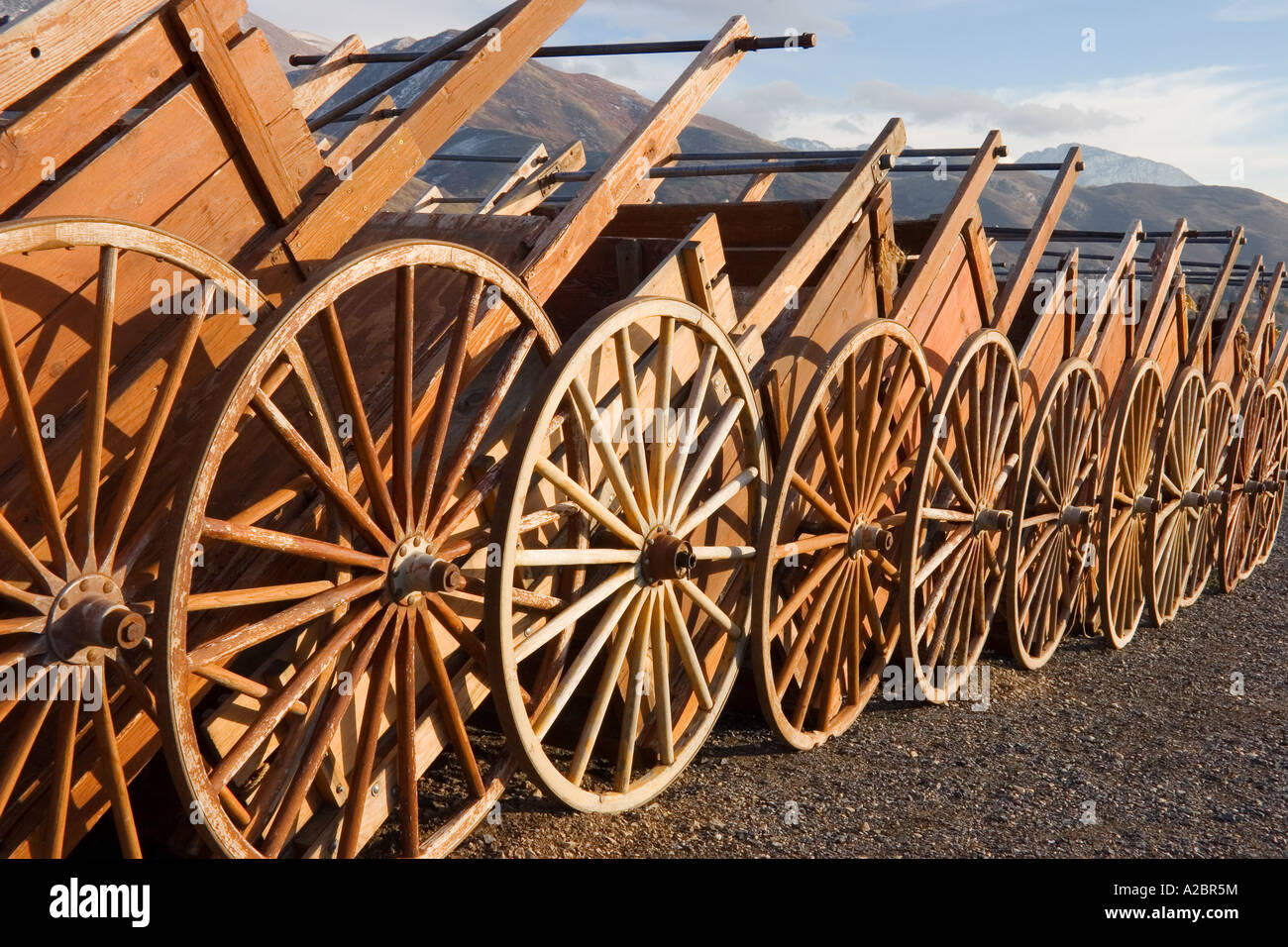 Old Mormon hand carts stacked in Old Deseret Village state park in Salt Lake City Utah USA Stock Photo