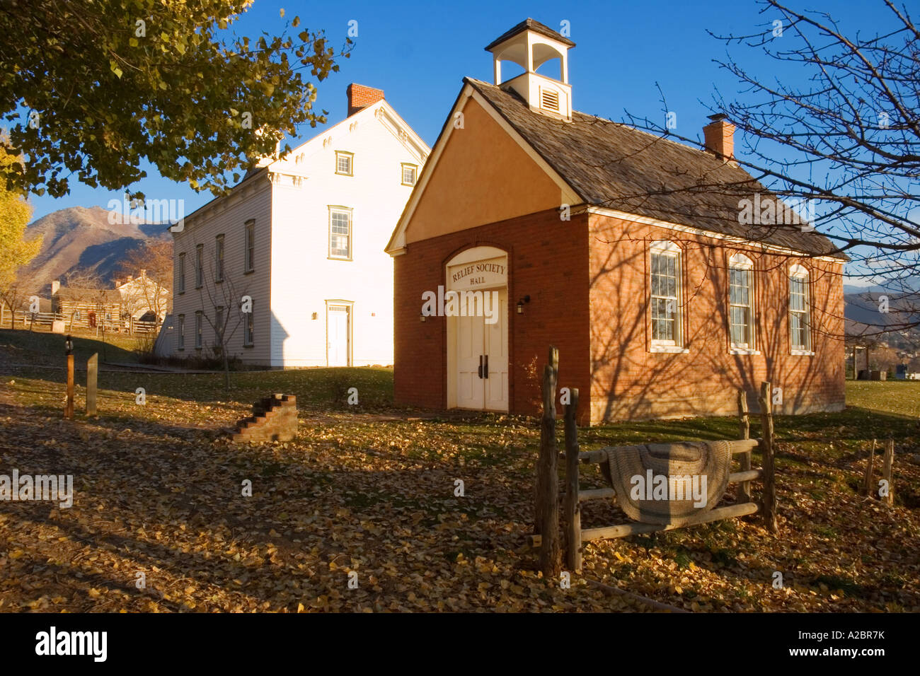 Old Mormon pioneer buildings in Old Deseret Village state park in Salt