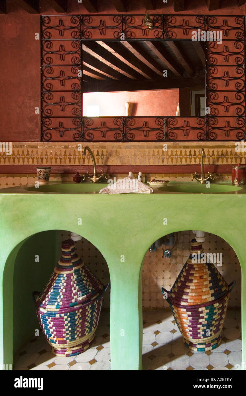 Washbasin detail at Riad Cle De Fes traditional restored guesthouse Fez Morocco Stock Photo