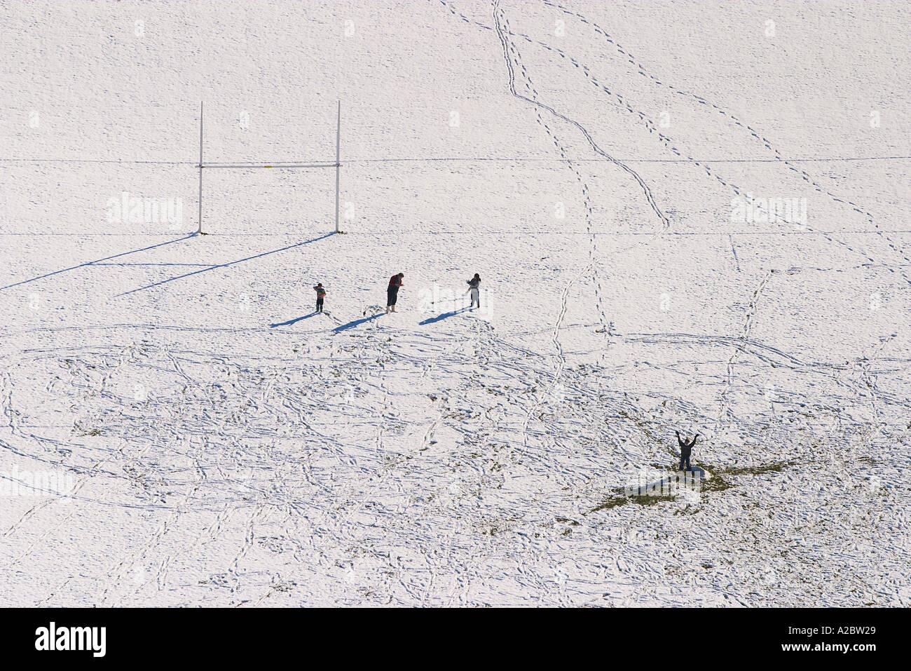 People playing in snow Dunedin South Island New Zealand aerial Stock Photo