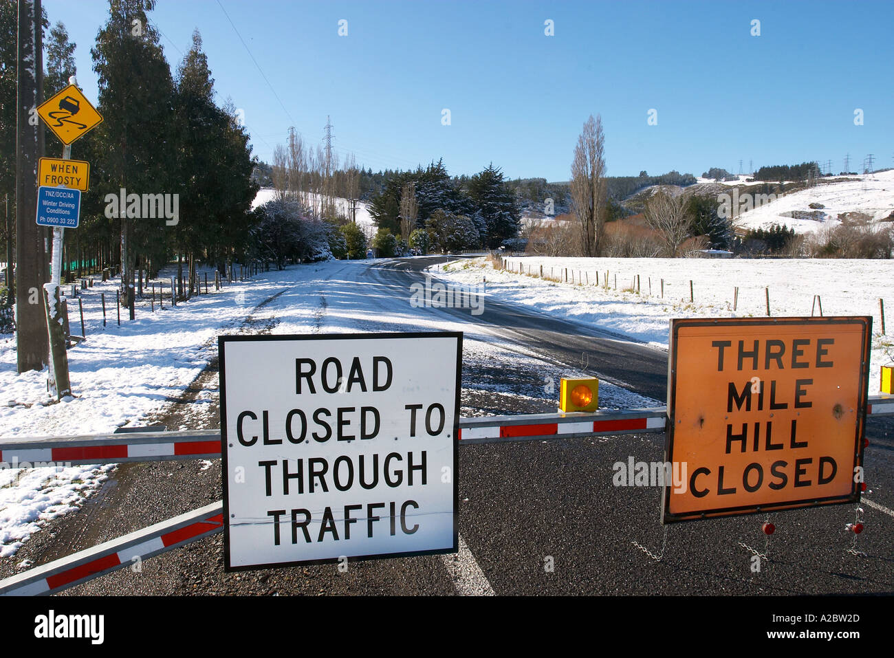 Three Mile Hill Road closed due to snow near Dunedin South Island New