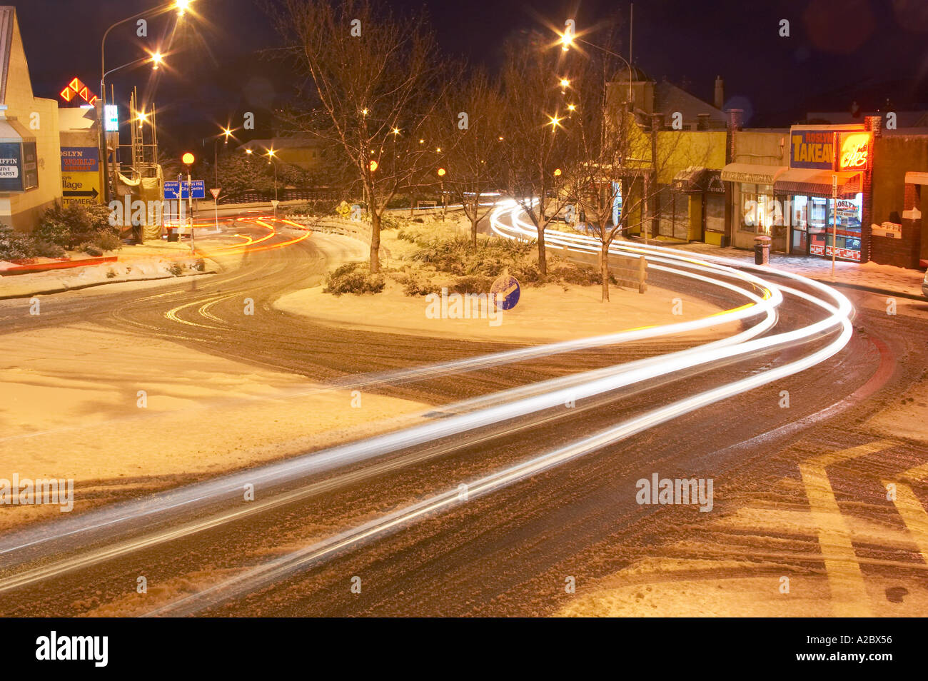 Roslyn intersection in snow Dunedin South Island New Zealand Stock