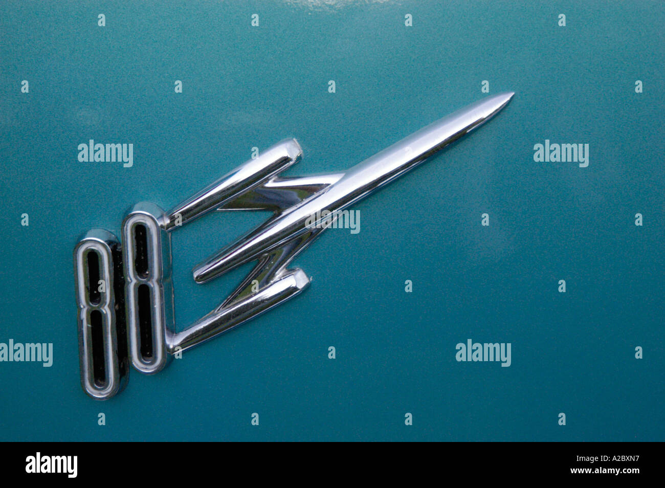 Closeup of 1955 Oldsmobile 88 Logo Stock Photo