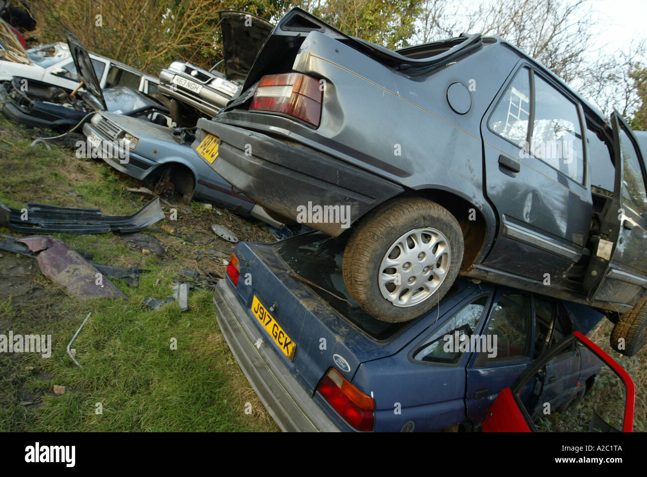 abandoned cars in a scrap yard in South East London Stock Photo