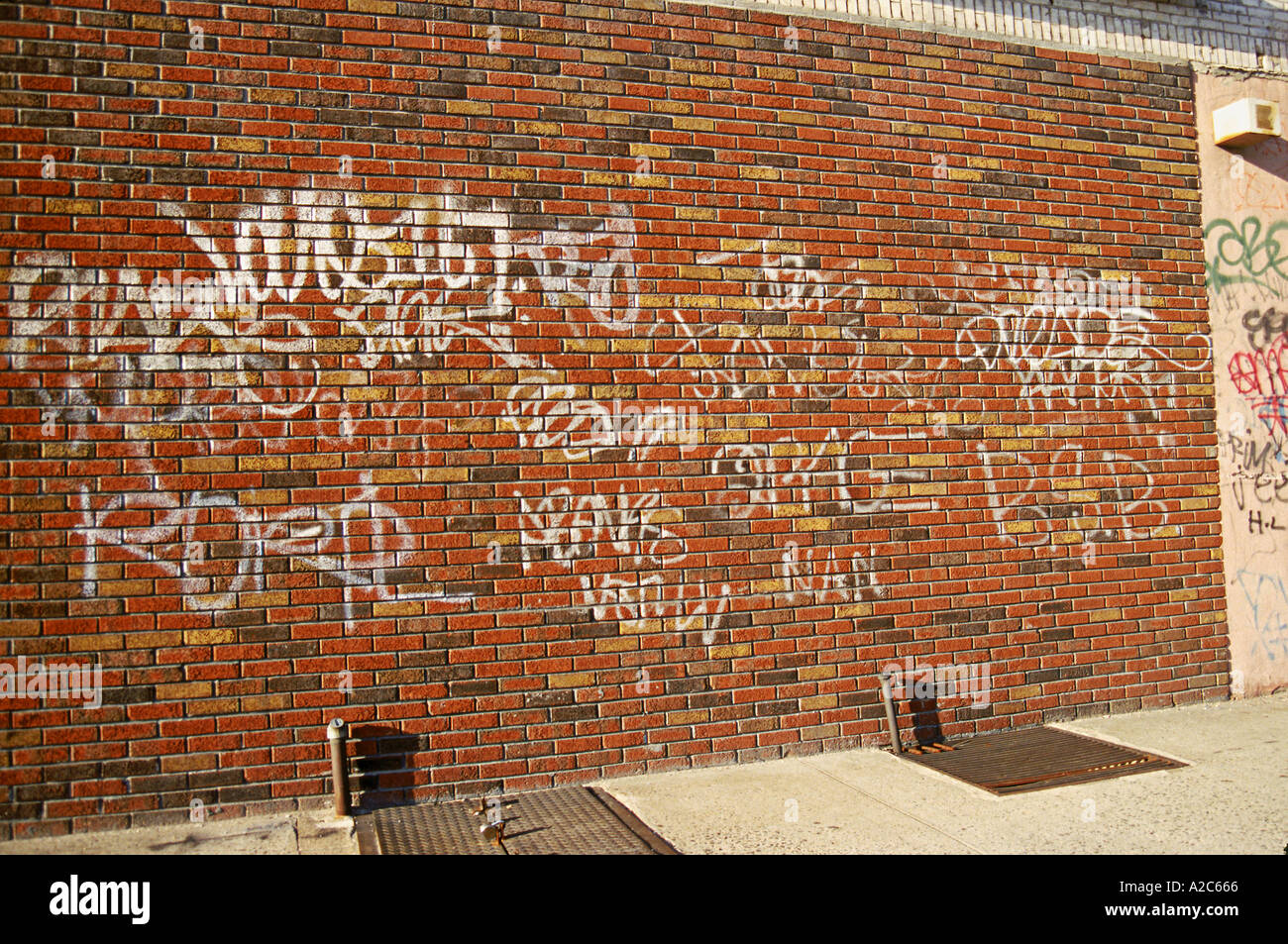 Horizontal shot of brick wall with graffiti written on it Brooklyn New