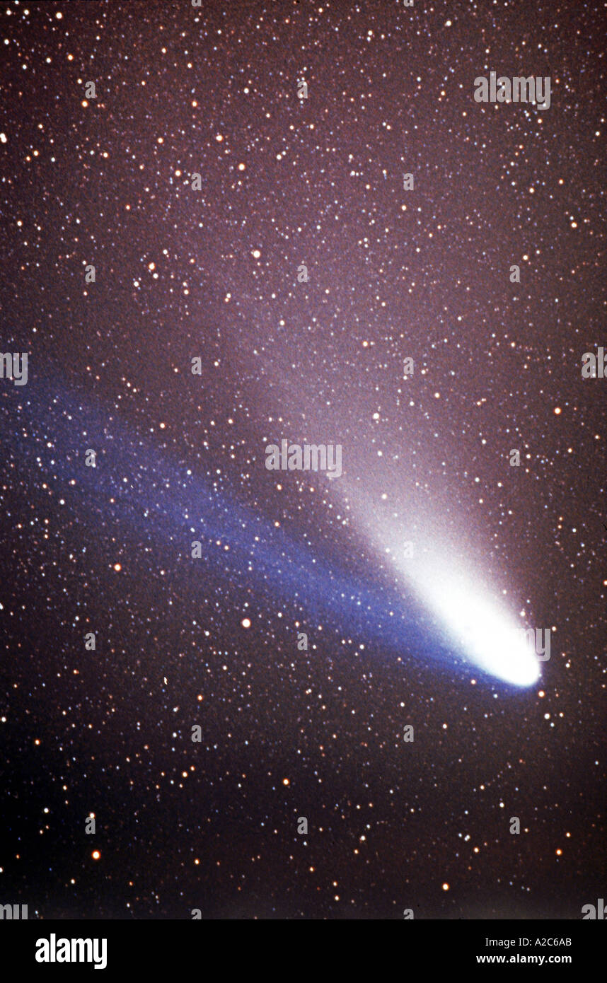 A portrait of the comet Hale Bopp There is purple radiating out from the center of the light Stock Photo