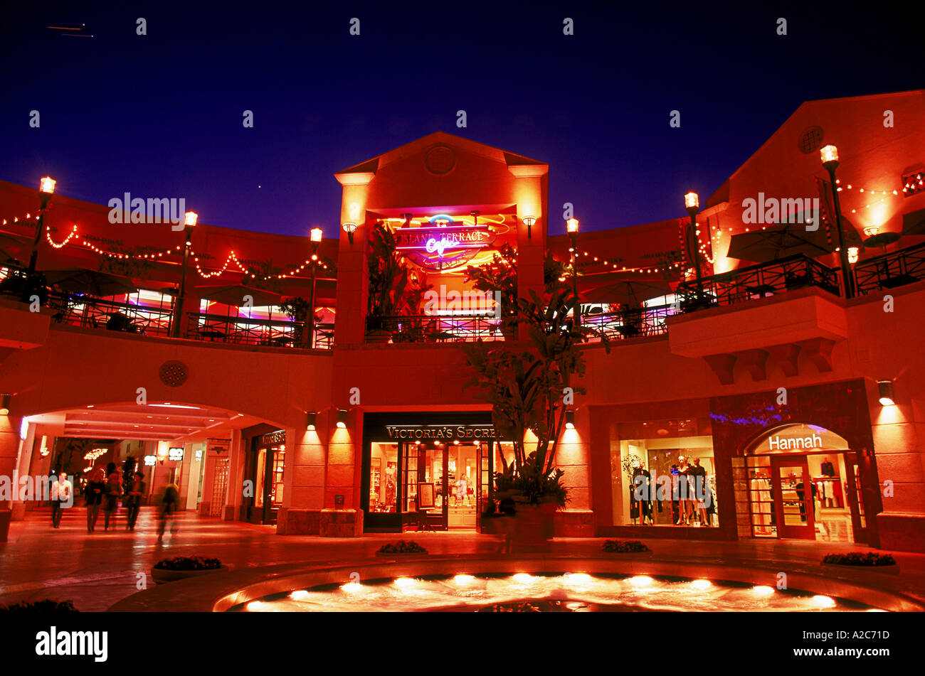 Nighttime view of Fashion Island mall Newport Beach California USA Stock Photo