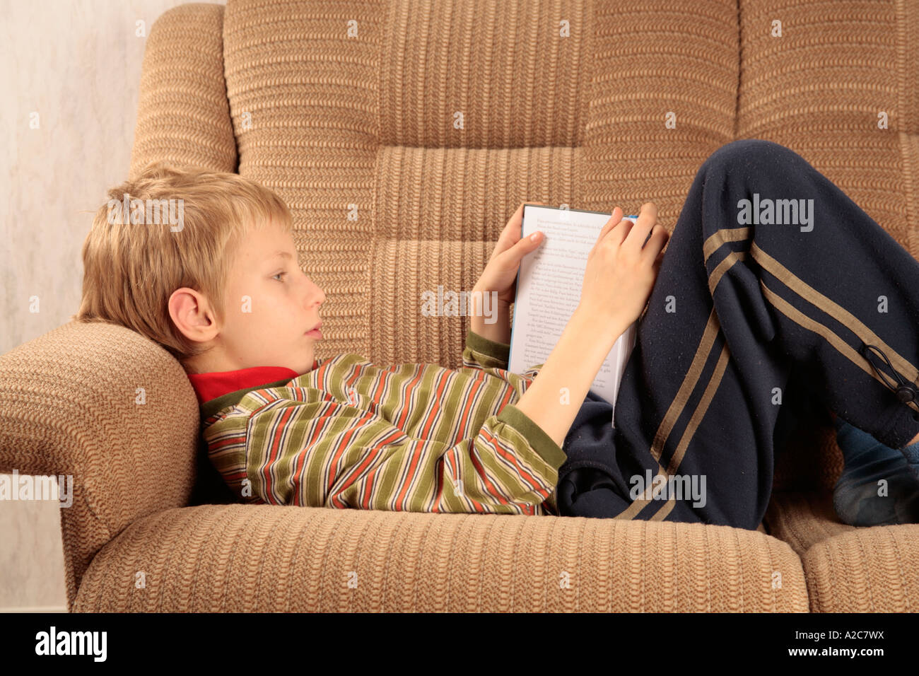 portrait of a young fair boy lying on a sofa and reading a book Stock Photo