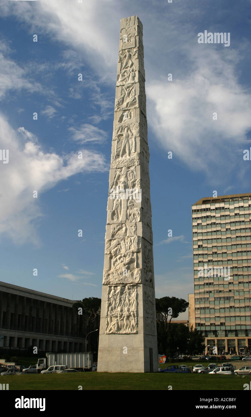 The Obelisk in Mussolini's  EUR district in Rome is an prime example of  fascist architecture Stock Photo