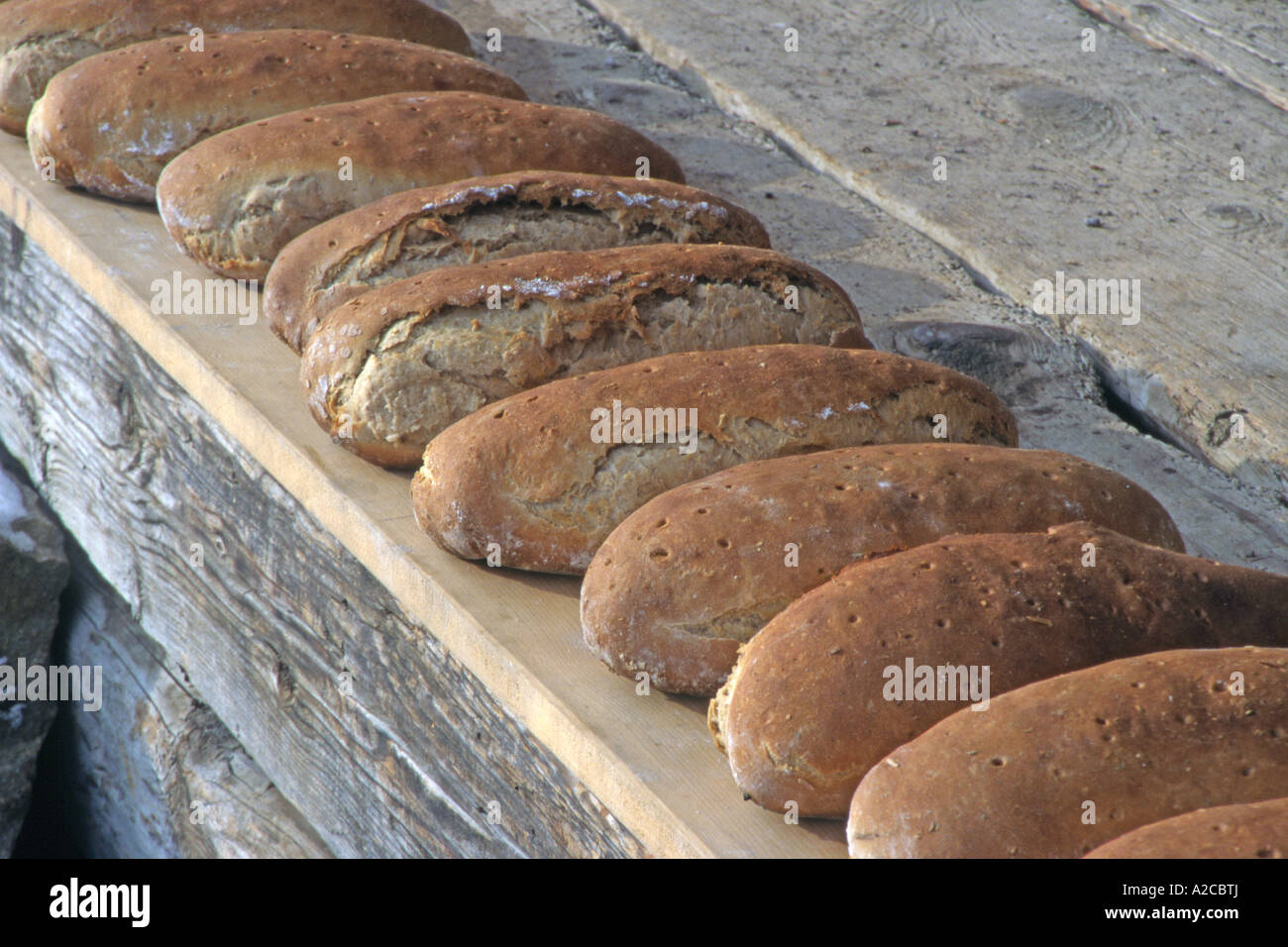 Freshly backed loafes of bread cooling on a board Stock Photo