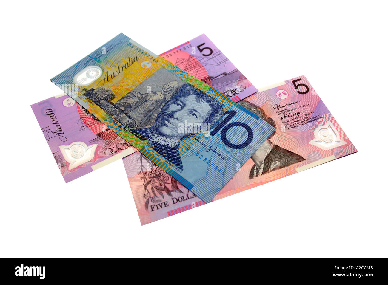 Australian 5 and 10 dollar notes against a white background Stock Photo ...