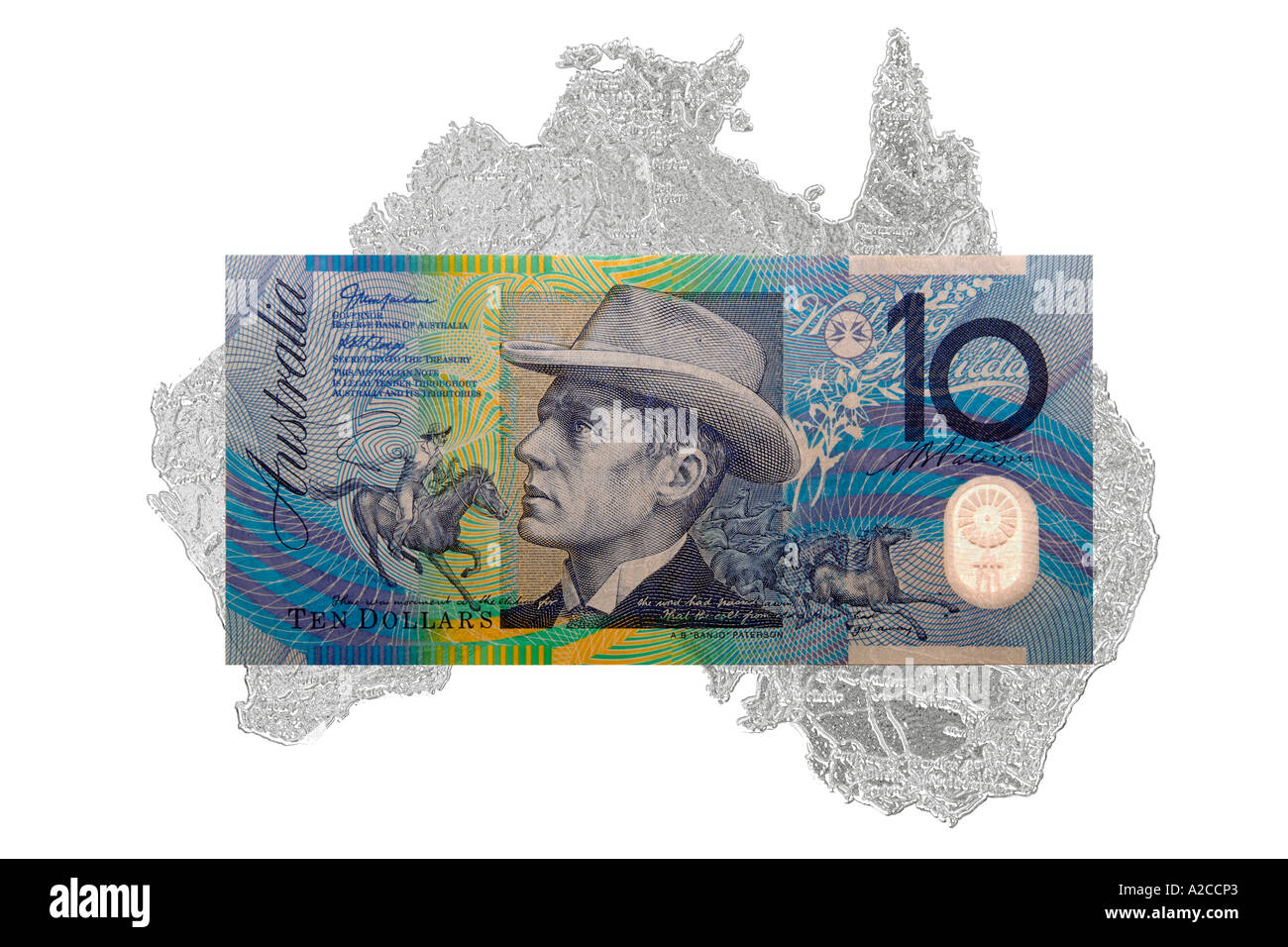 Australian 10 dollar note against a cutout shape of Australia. Stock Photo