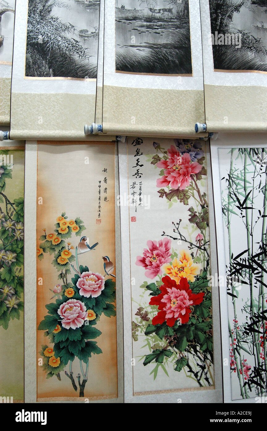 Painted scrolls for sale, Yangshuo China Stock Photo