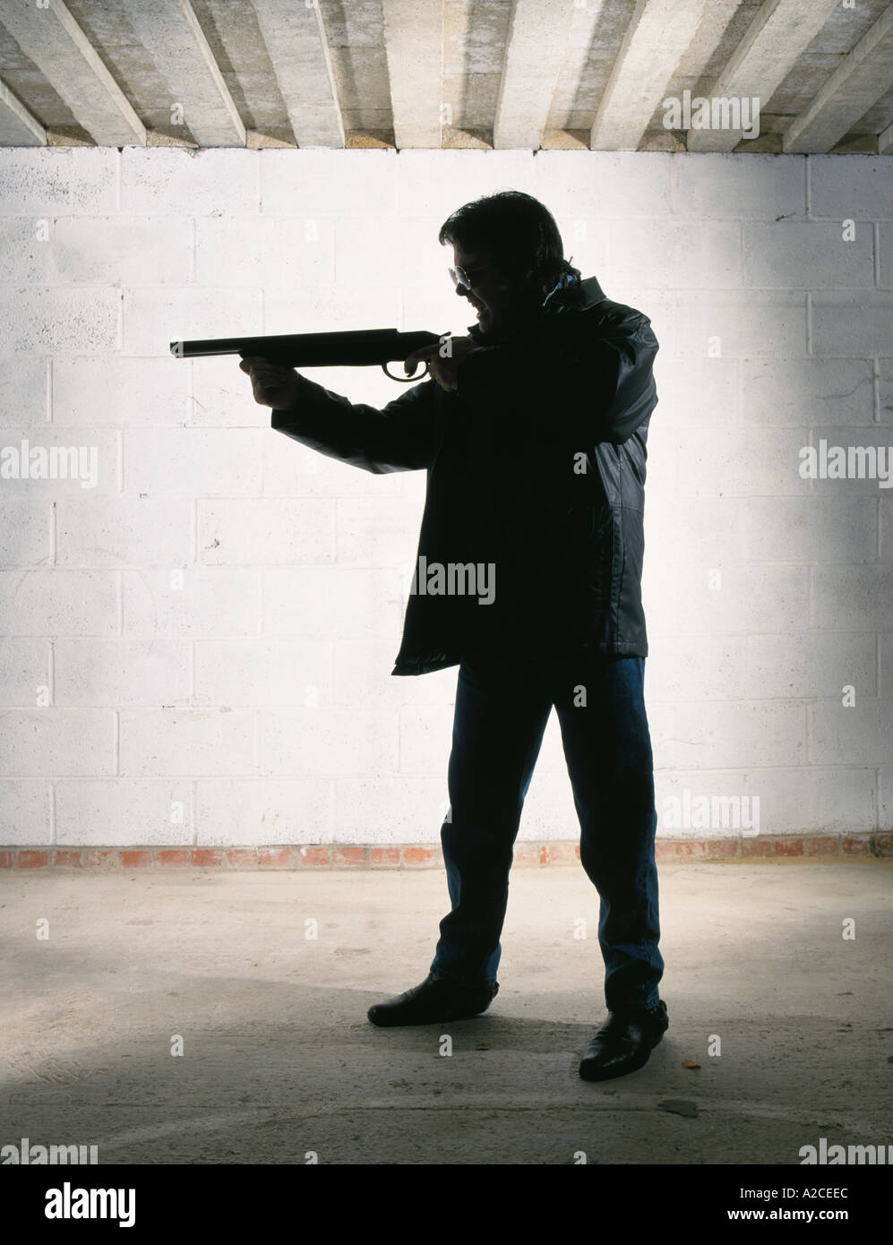 Shadow or silhouette of man pointing and aiming a shotgun Stock Photo -  Alamy