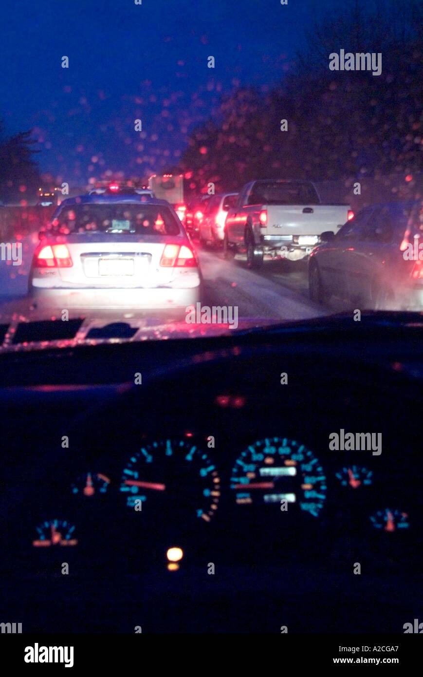 Traffic Jam In Rainstorm On Highway Stock Photo