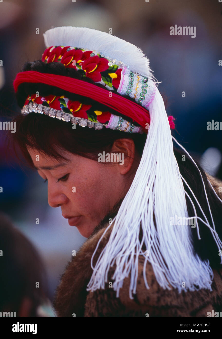 Bai woman in traditional headress Dali Yunnan Province China Stock Photo