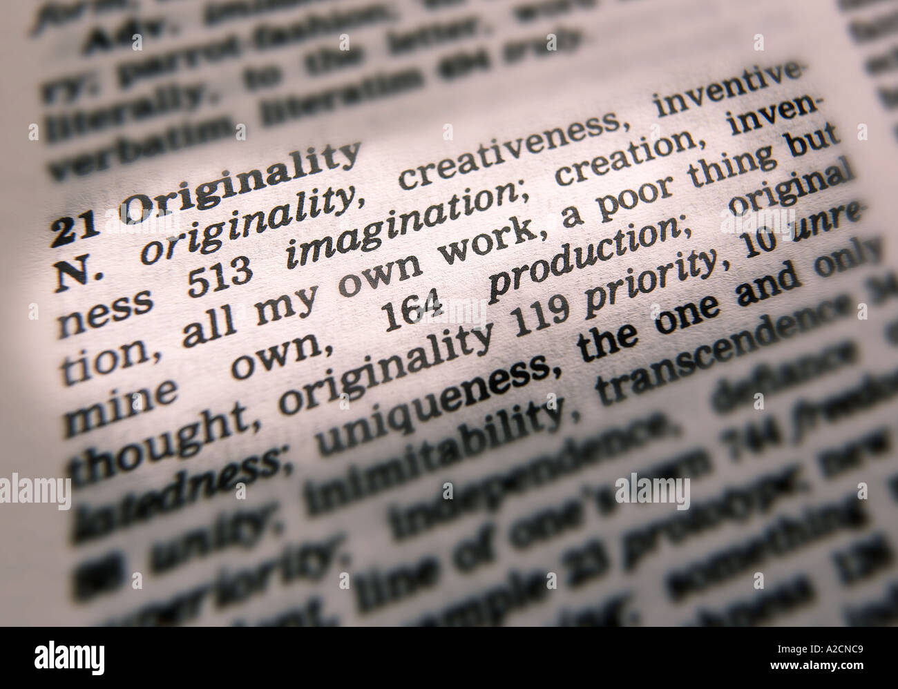 THESAURUS PAGE SHOWING DEFINITION OF WORD ORIGINALITY Stock Photo - Alamy