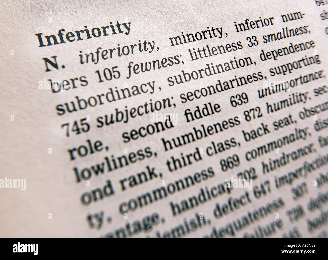 THESAURUS PAGE SHOWING DEFINITION OF WORD INFERIORITY Stock Photo