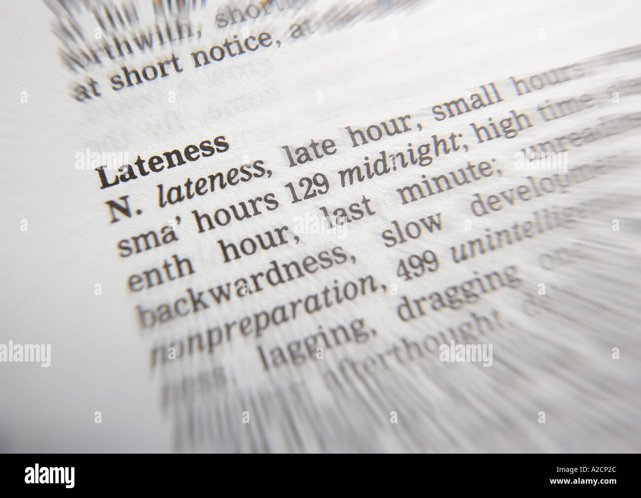 THESAURUS PAGE SHOWING DEFINITION OF WORD LATENESS Stock Photo