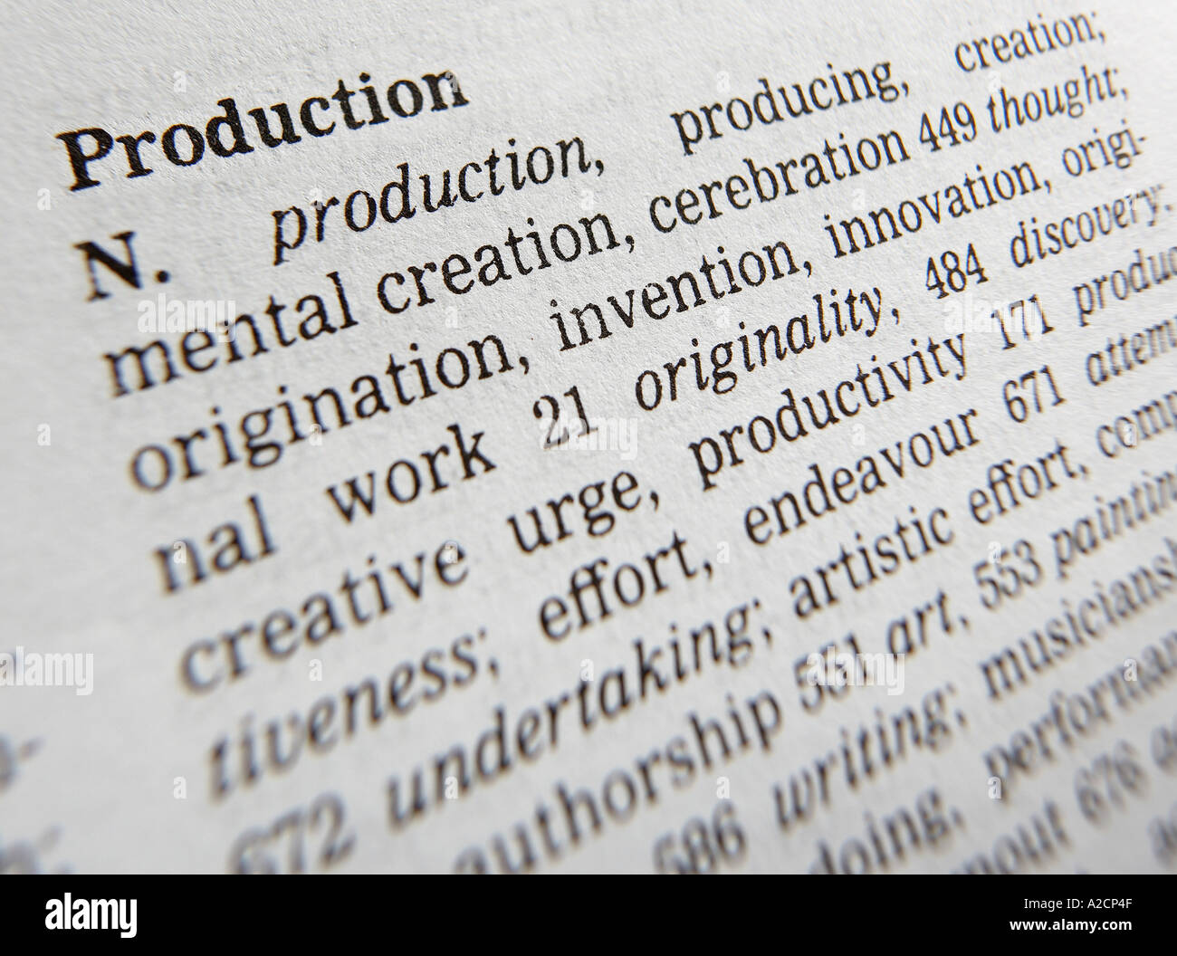 THESAURUS PAGE SHOWING DEFINITION OF WORD PRODUCTION Stock Photo - Alamy
