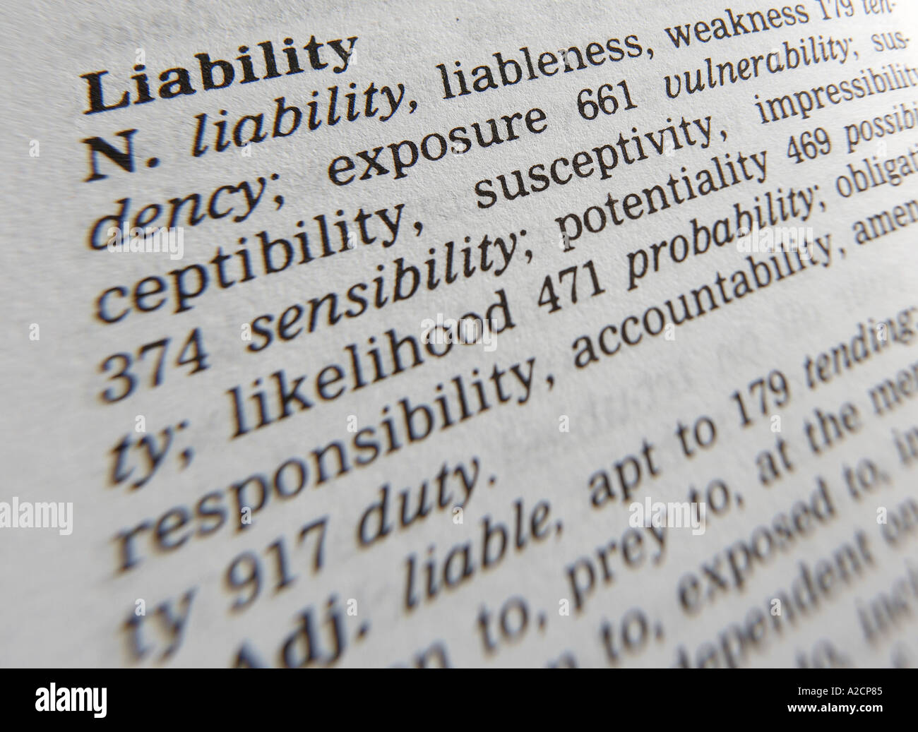 THESAURUS PAGE SHOWING DEFINITION OF WORD LIABILITY Stock Photo Alamy