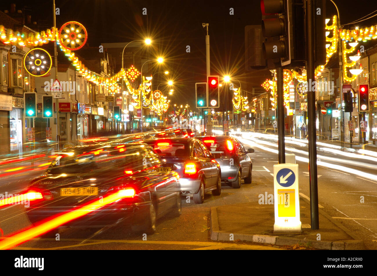 traffic trails and diwali lights along Belgrave Road, Leicester, England, UK Stock Photo