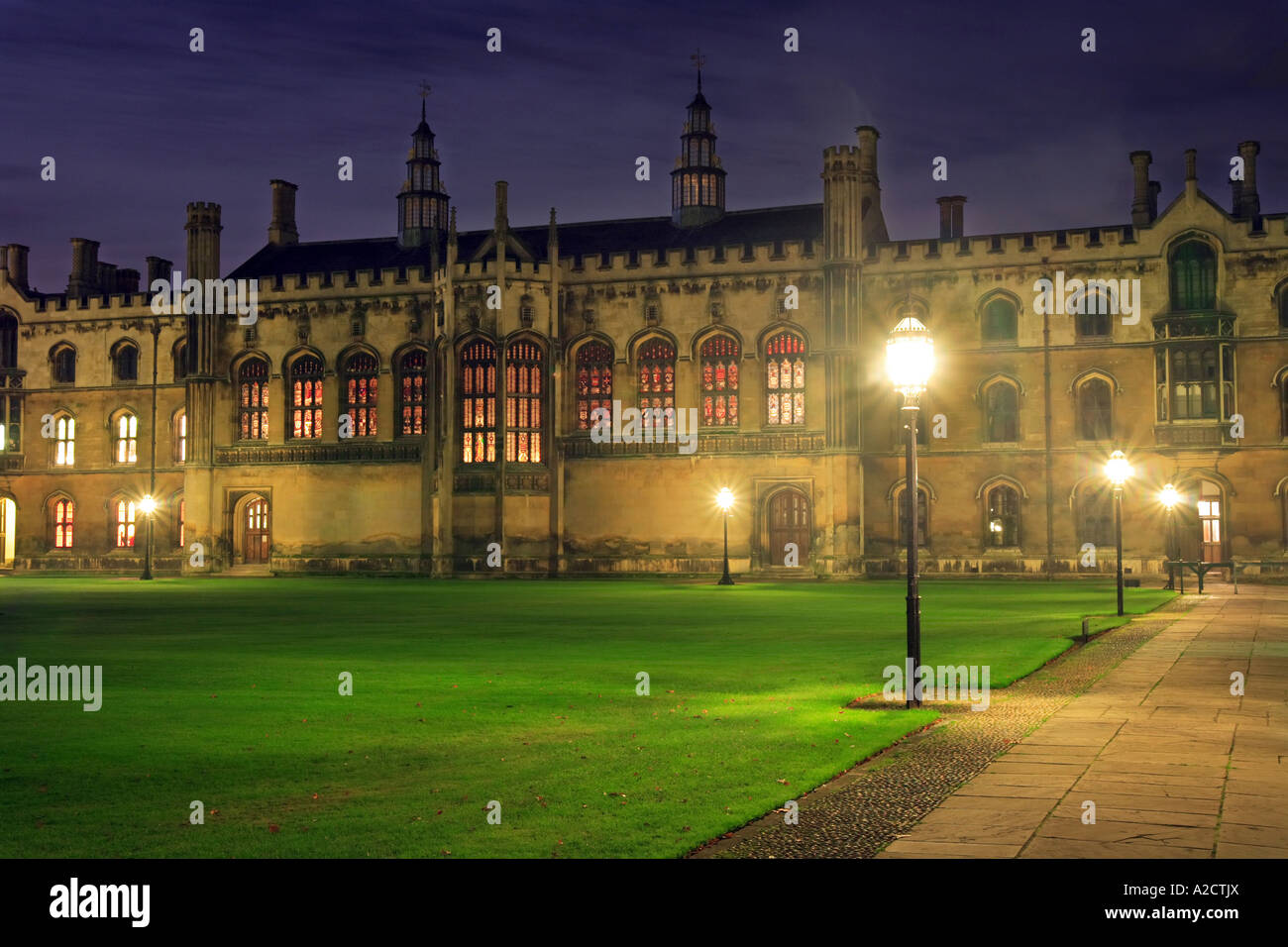 'Kings College Cambridge' Courtyard at night Stock Photo