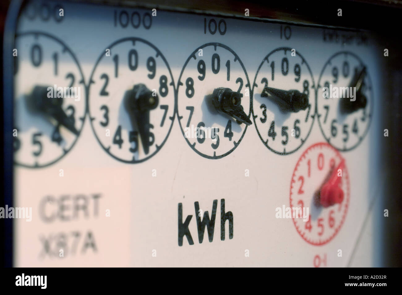 dials on standard UK electricity meter measuring kilowatts per hour Stock Photo