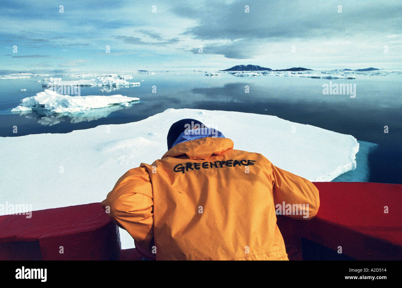 Greenpeace crewmember on MV Arctic Sunrise in sea ice in the Weddell Sea Antarctica Stock Photo
