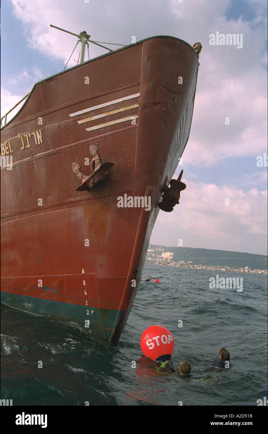 Greenpeace activists block chemical dump ship in Israel Stock Photo
